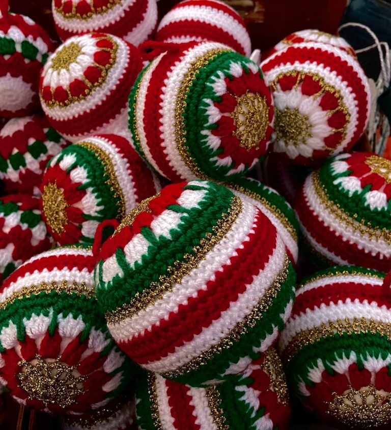 Handmade red and green Christmas crochet ornaments